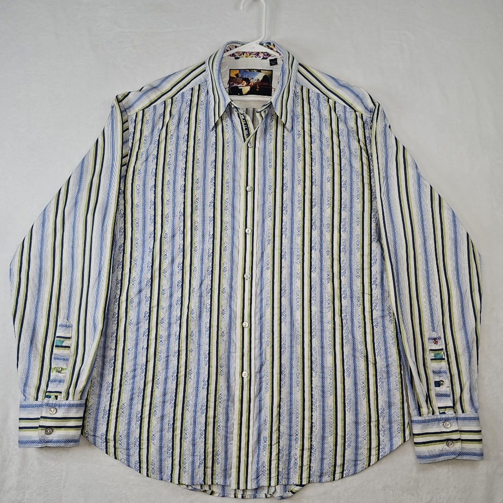 Robert Graham Mens Shirt Size XXL Striped Long Sleeve Flip Cuff Button Down Blue